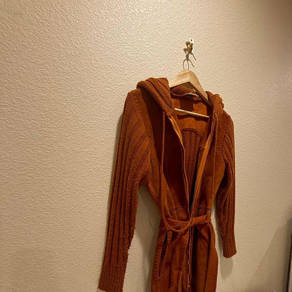 Vintage 1970s Terracotta Leather Suede Knit Crochet Hooded  Jacket Coat, Grunge - Picture 12 of 14